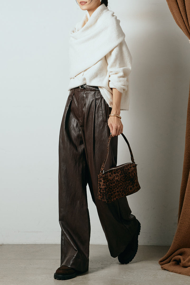 [SET]ネック巻きデザインニットトップス+ベルト付きレザーライクタックパンツ(2set)