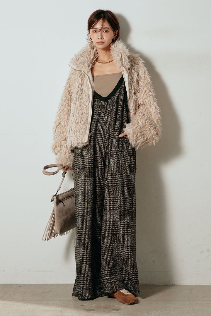 [SET]ミックスシープファースタンドブルゾン+前後2wayグレンチェック柄スカーチョサロペット(2set)