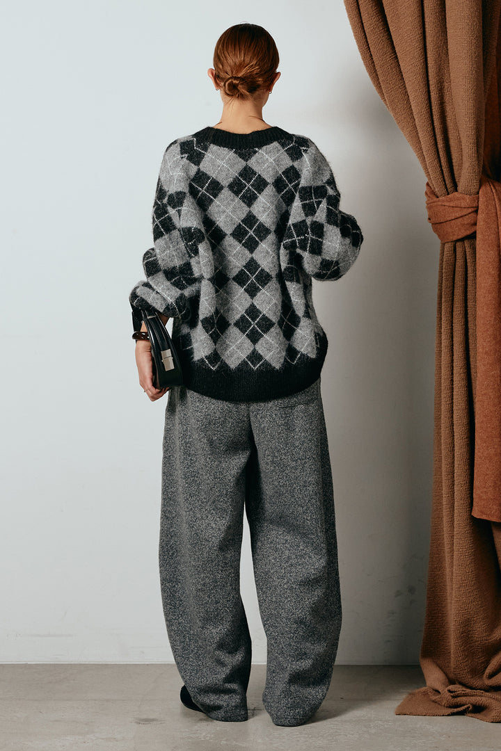 [SET]オーバーサイズ総柄Vネックニットカーディガン+杢ニットフレアパンツ(2set)