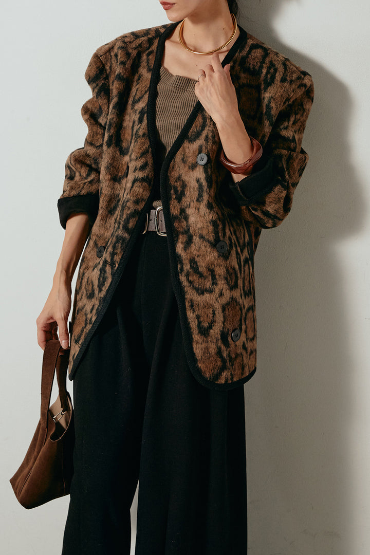 [SET]ノーカラーレオパード柄アウター+フェイクレザー太ベルト付きタックワイドパンツ(2set)