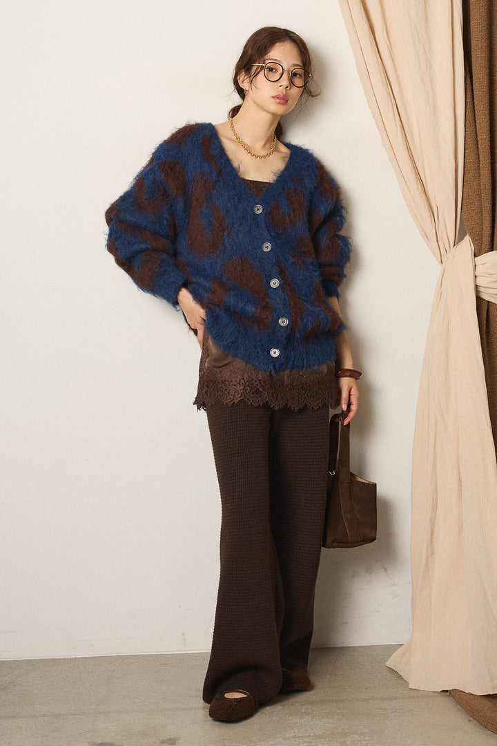 [SET]レオパードシャギータッチカーディガン+レースサテンキャミソール+ワイドリブニットイージーパンツ(3set)