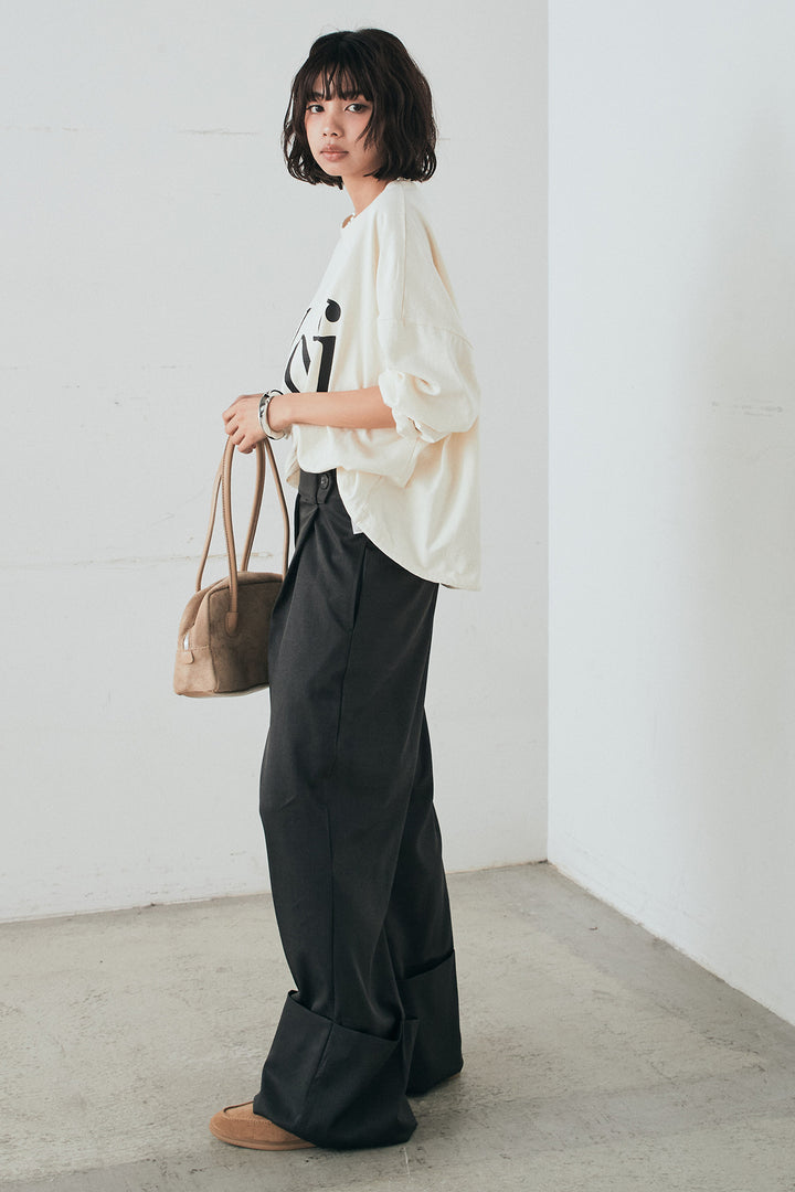 [SET]裾センタードロストロゴプリントワイドTシャツ+センタープレスセミワイドパンツ(2set)