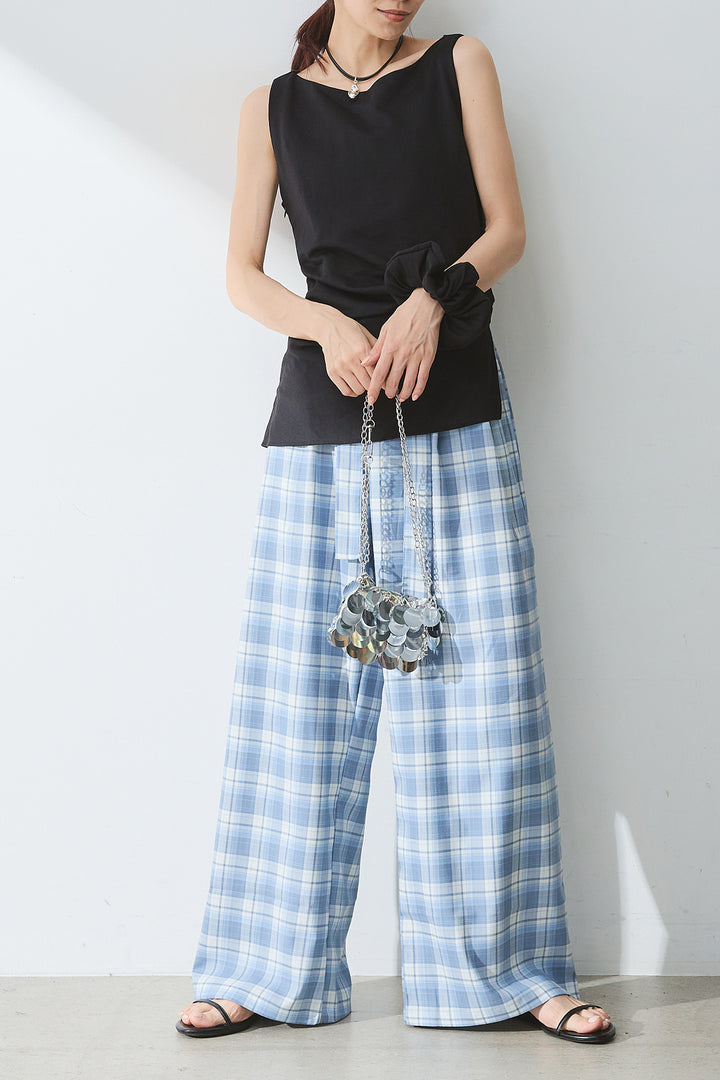 [SET]シュシュ付きサイドギャザーノースリーブ+オンブレーチェックワイドパンツ(2set)