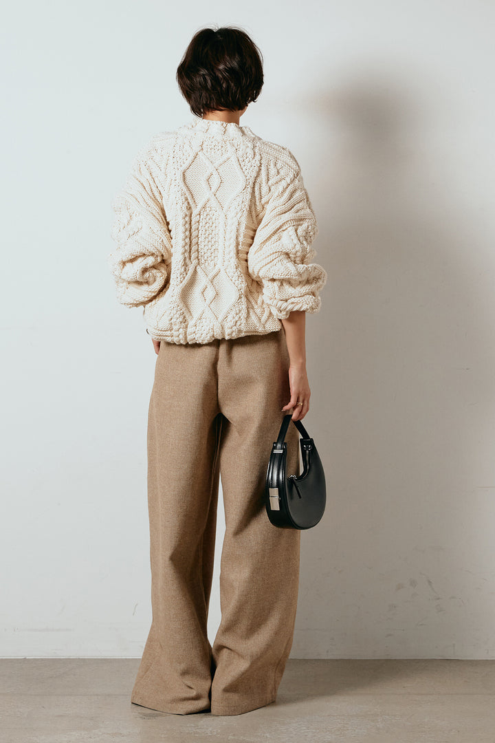 [SET]アラン柄ミックスケーブルニット+サイドボタンツイードタックパンツ(2set)