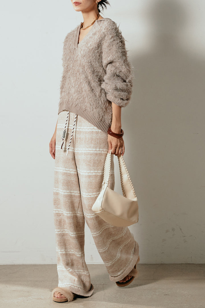 [SET]襟付きシャギーニットポロトップス+マルチライン柄リラックスニットパンツ(2set)