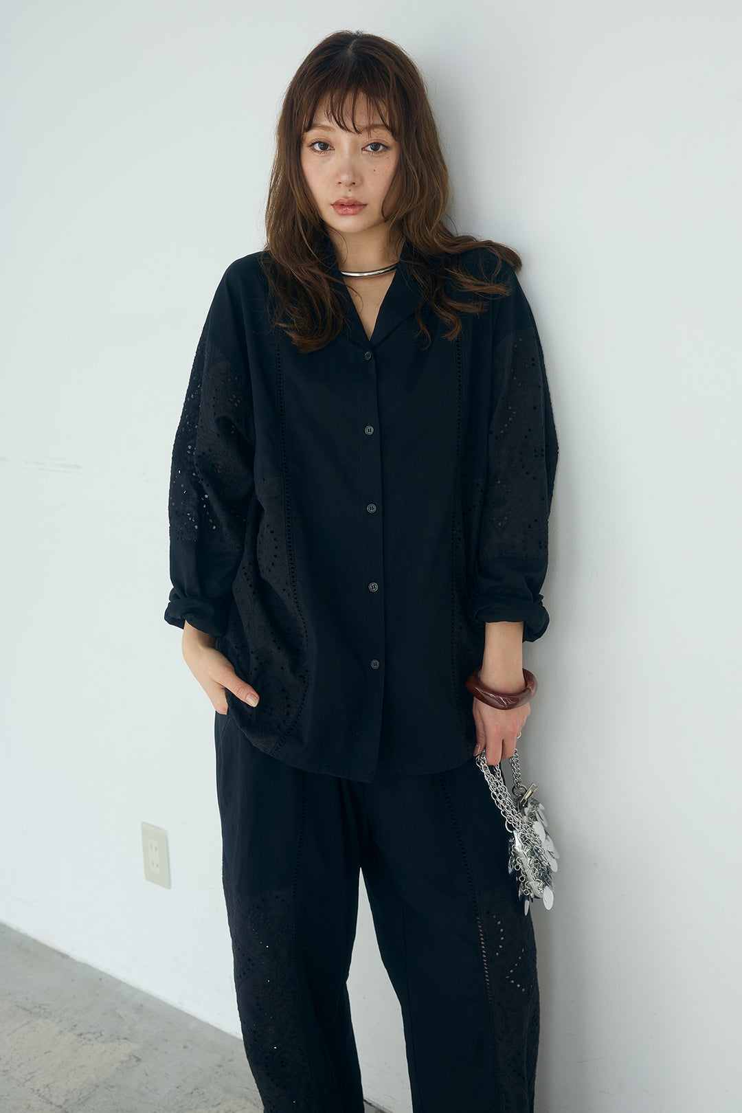 [SET]ローンレースオープンカラーシャツ+ローンレースイージーパンツ(2set)