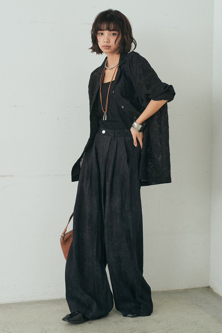 [SET]刺繍シアーオープンカラーシャツ+リネン混かすれ柄ワイドパンツ(2set)