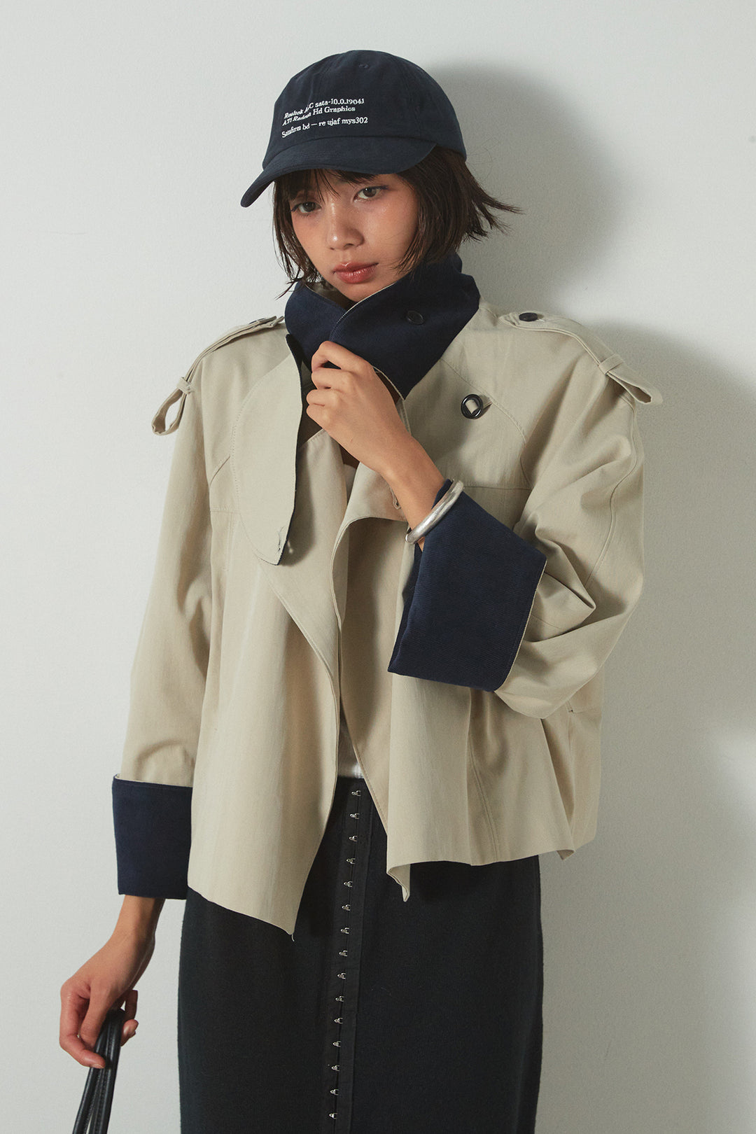 [SET]ハイネック配色ジャケット+フロントホックデザインニットスカート(2set)