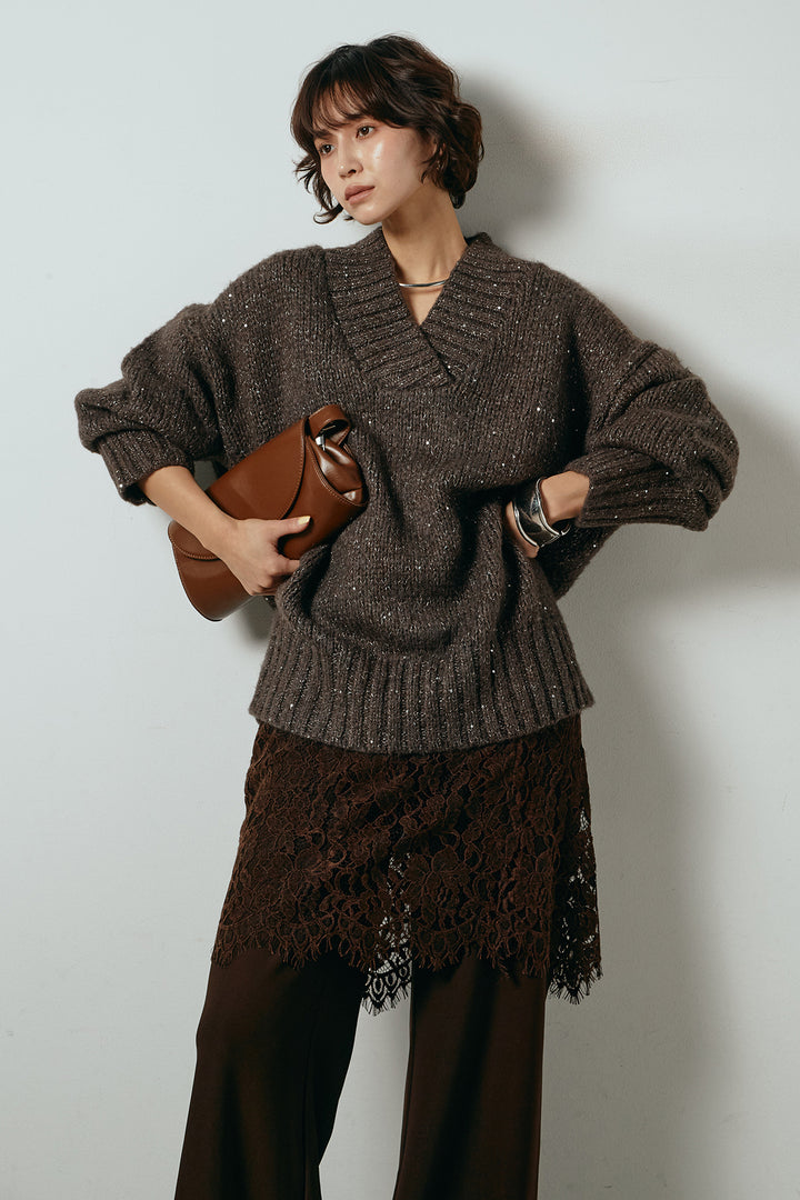 [SET]Vネックラメニットトップス+レース刺繍レイヤードフレアパンツ(2set)