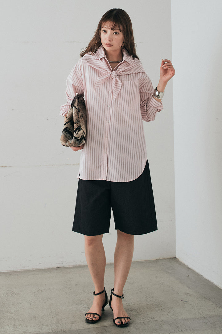 [SET]ランダムストライプスカーフ付きシャツ+デニムハーフパンツ(2set)