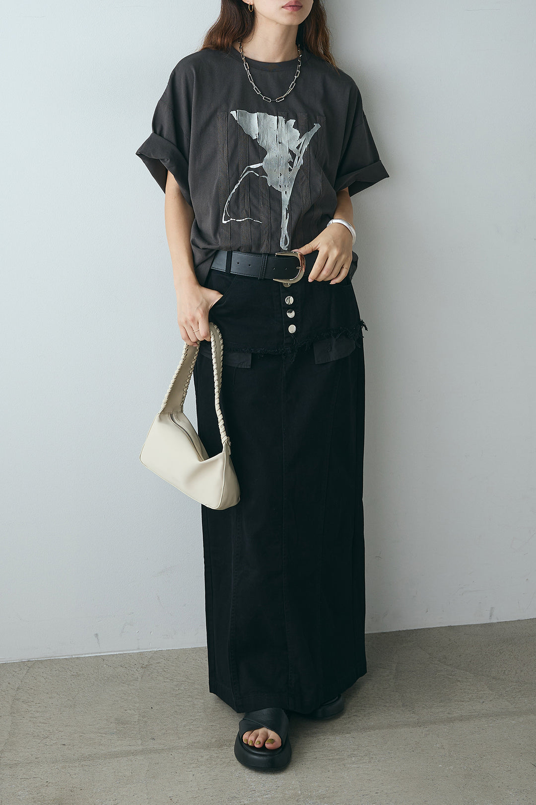 [SET]ニュアンス箔プリントTシャツ+レイヤードデザインワイドスカート(2set)