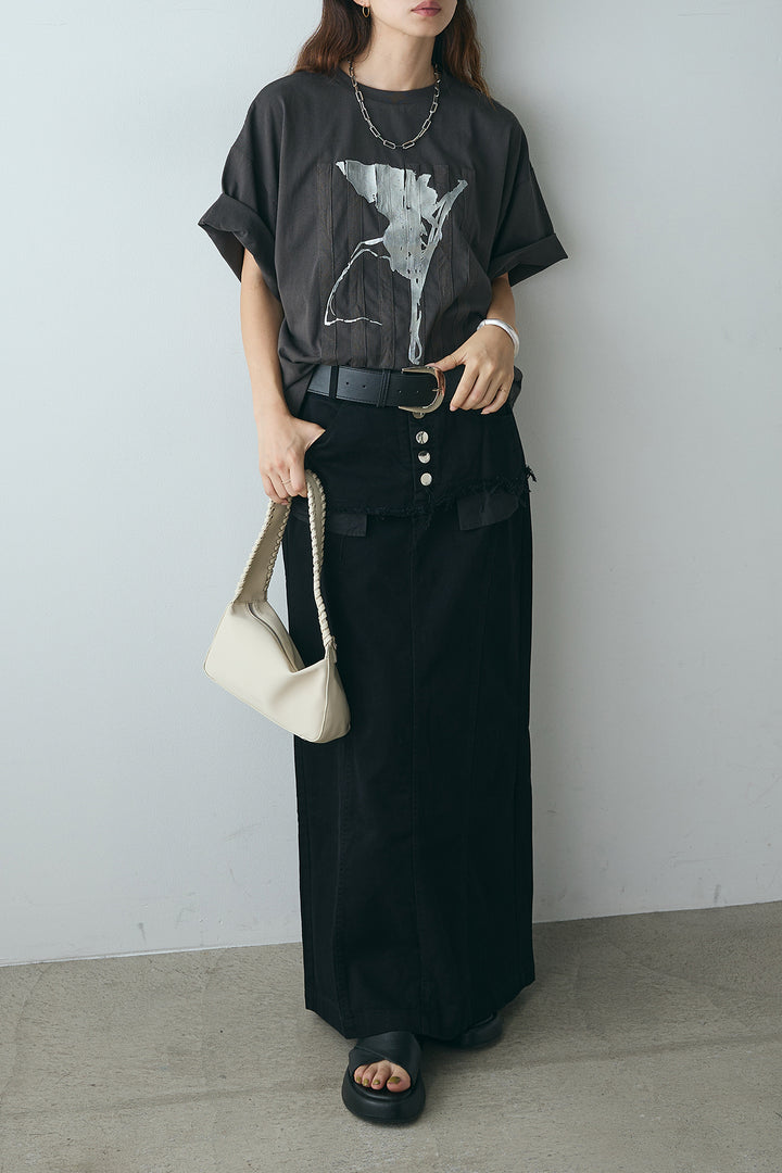 [SET]ニュアンス箔プリントTシャツ+レイヤードデザインワイドスカート(2set)