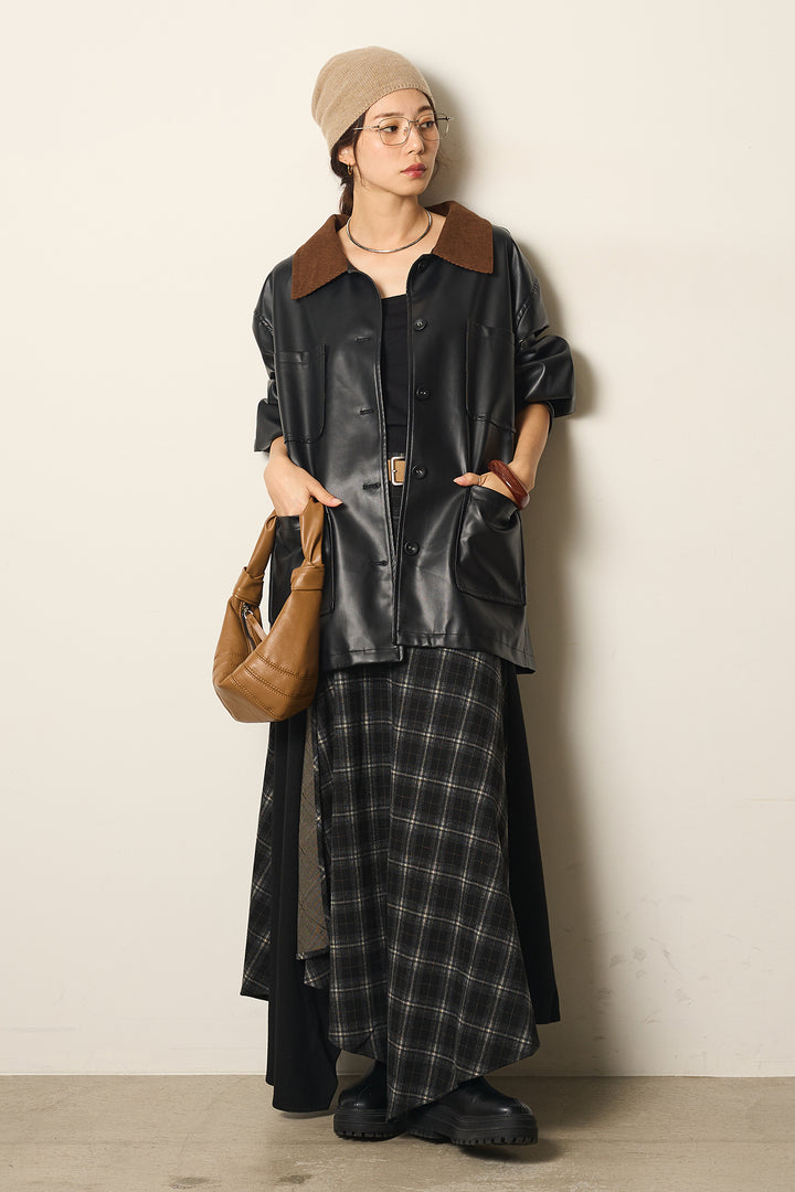 [SET]襟コーデュロイフェイクレザーカバーオール+フェイクレザーベルト付き切り替えタータンチェックスカート(2set)
