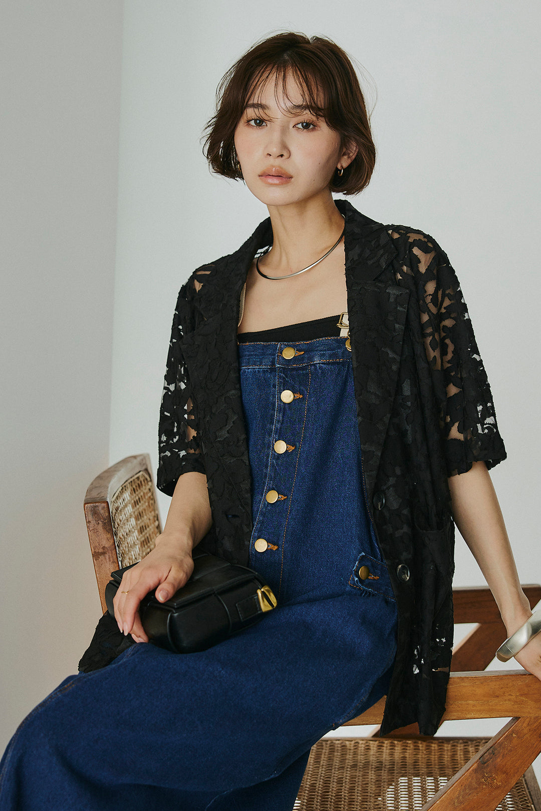 [SET]シアージャガードハーフスリーブテーラードジャケット+配色ショルダーデニムサロペットスカート(2set)