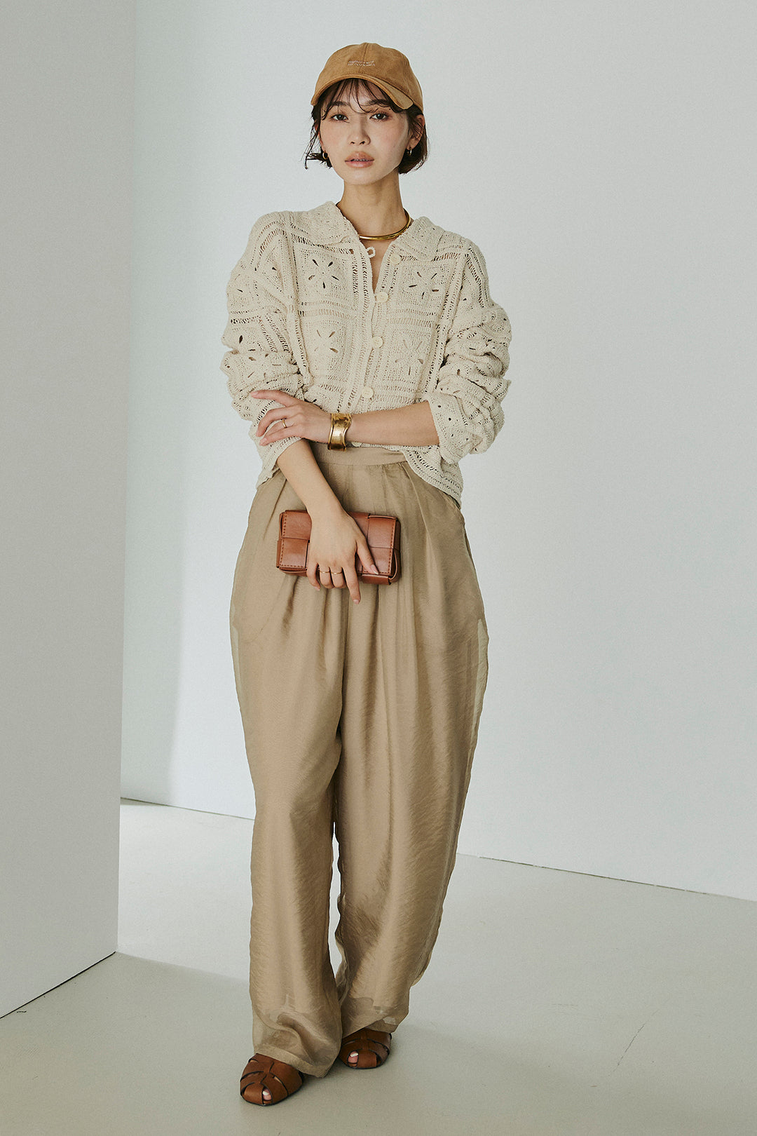 [SET]鍵編みフラワーレースカーディガン+オーガンジータックパンツ(2set)