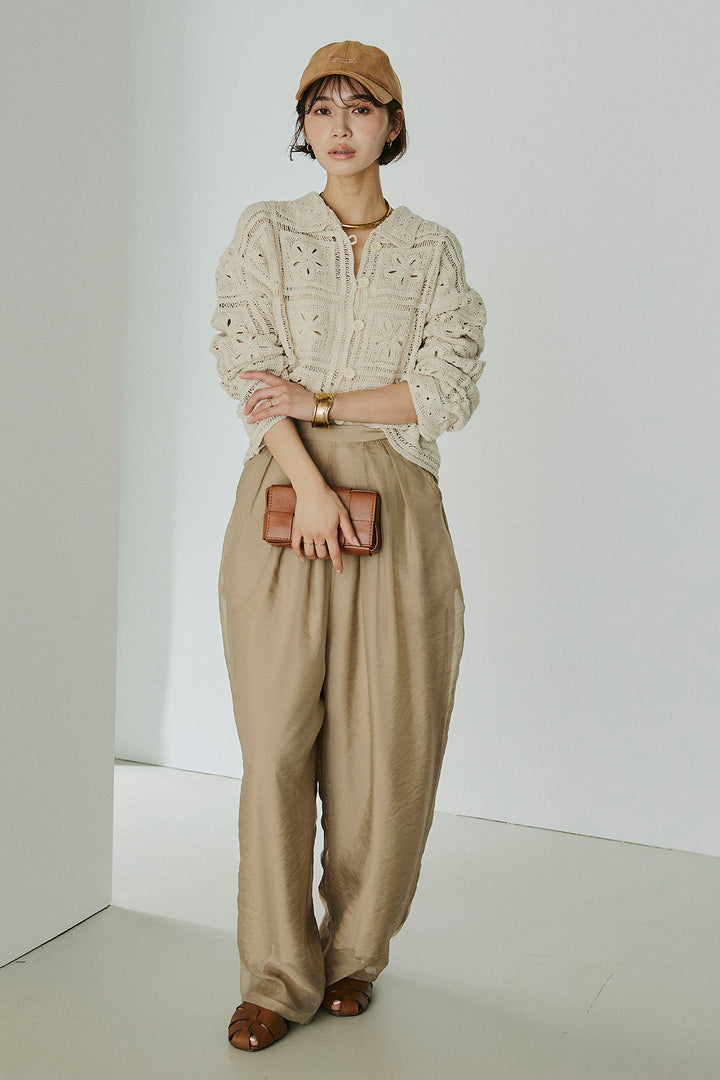 [SET]鍵編みフラワーレースカーディガン+オーガンジータックパンツ(2set)