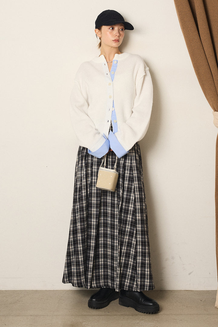 [SET]シャツドッキングニットカーディガン+ベルト付きタータンチェックプリーツスカート(2set)