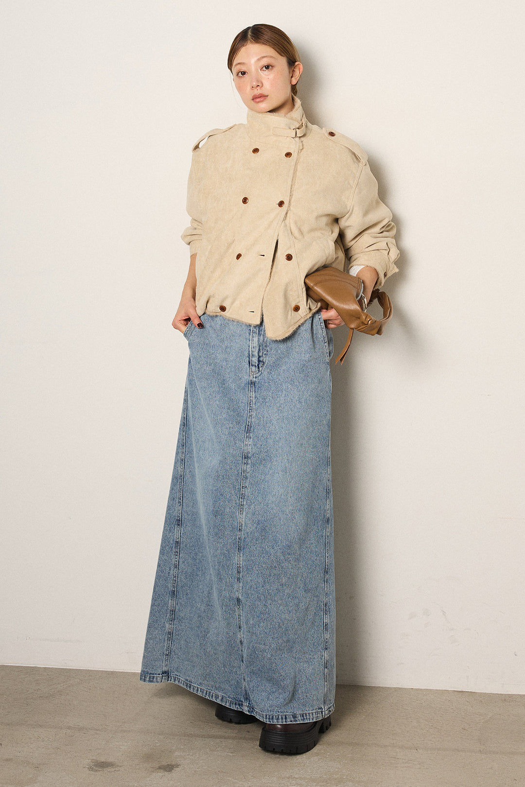 [SET]スタンド襟スウェードライクアウター+デニムロングフレアスカート(2set)