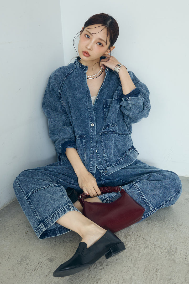 [SET]カラーデニムケミカル加工ノーカラーブルゾン+カラーデニムケミカル加工コクーンパンツ(2set)