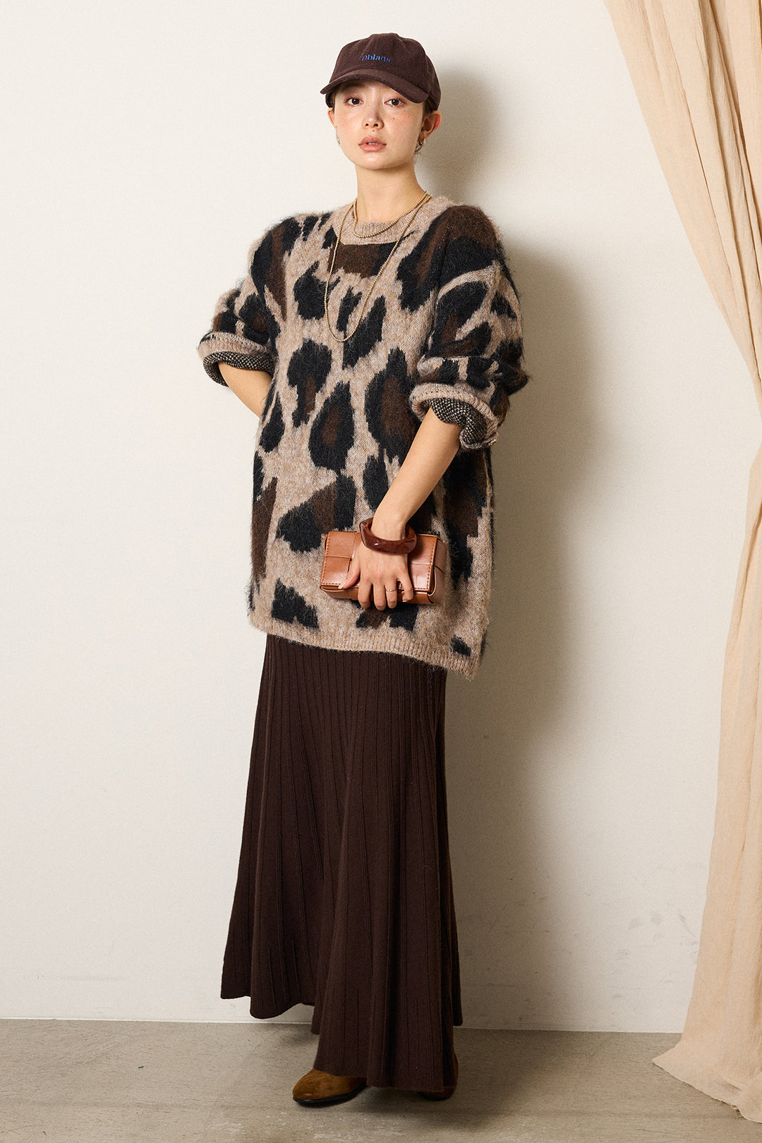 [SET]ルーズアニマルモヘアニットトップス+編み地切り替えフレアニットスカート(2set)