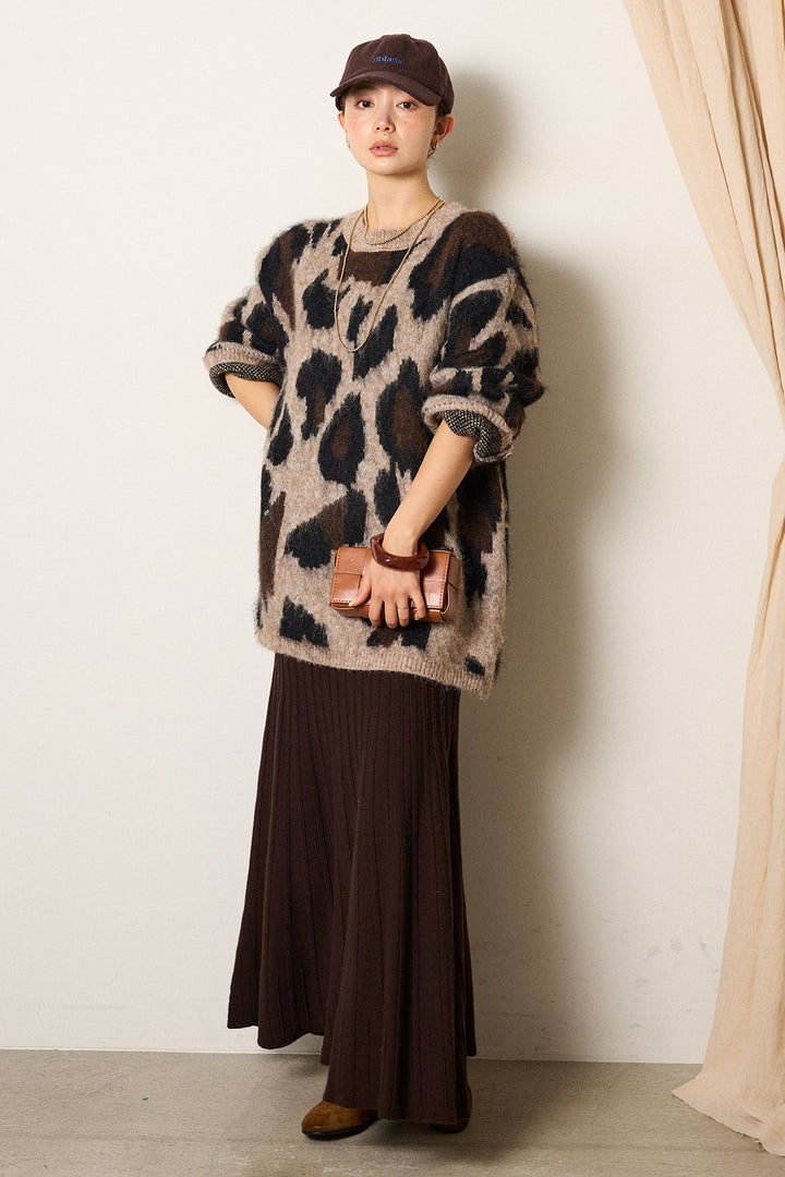 [SET]ルーズアニマルモヘアニットトップス+編み地切り替えフレアニットスカート(2set)