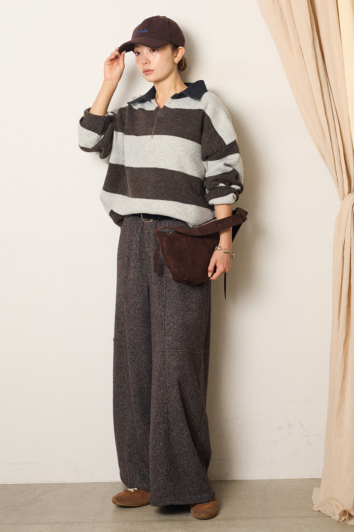 [SET]デニムカラーボーダールーズニット+太ベルト付きツイードワイドパンツ(2set)
