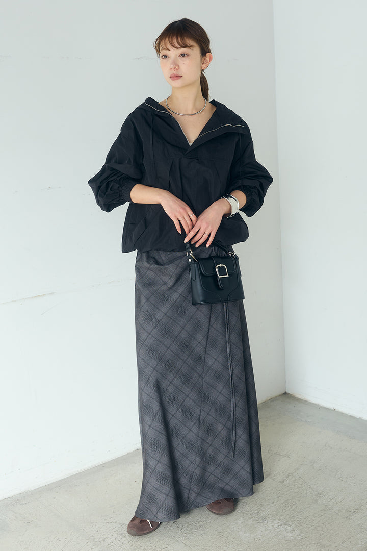 [SET]ナイロンフーディーブルゾンアウター+タータンチェック柄フロントデザインスカート(2set)