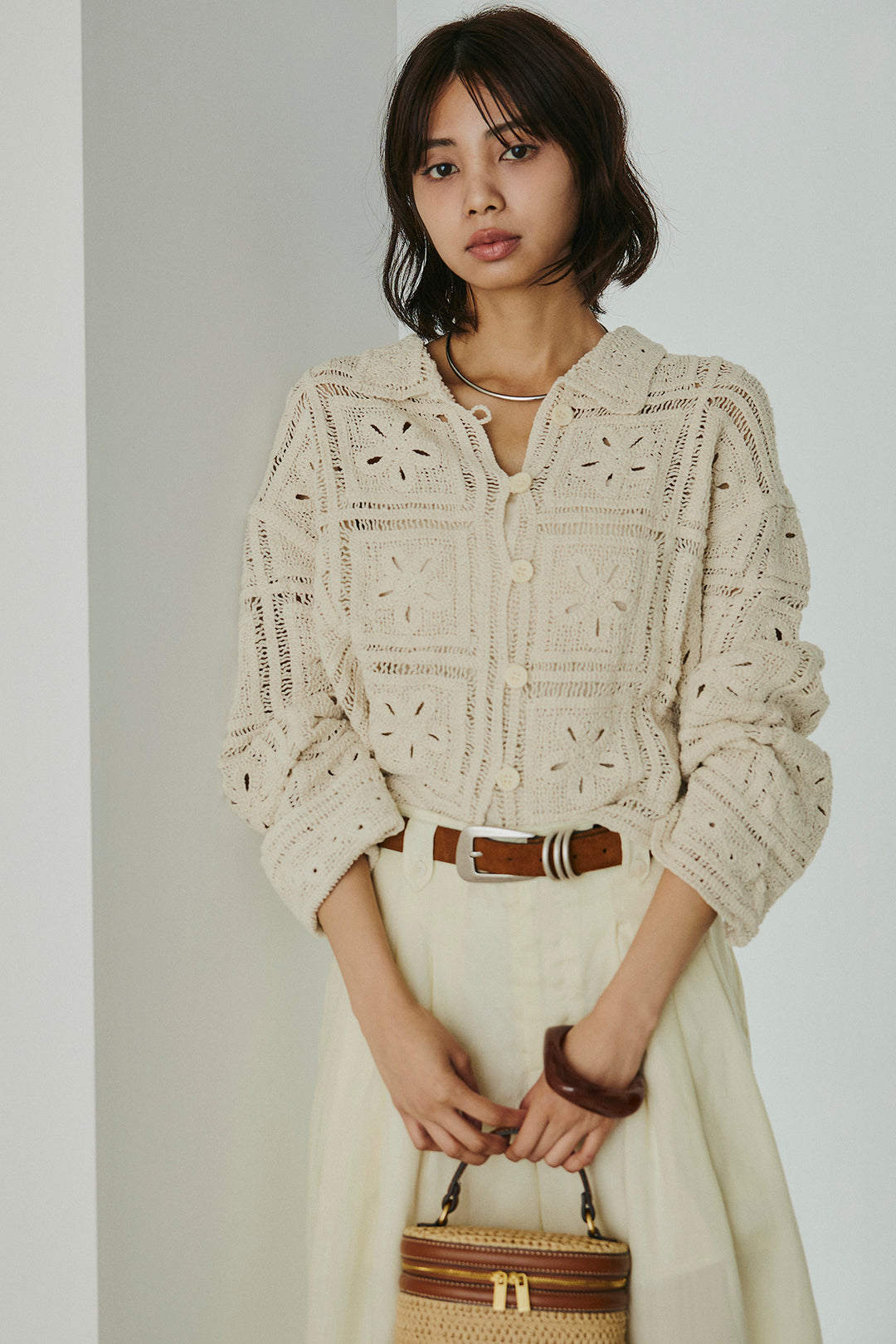 [SET]鍵編みフラワーレースカーディガン+タック入りワイドパンツ(2set)