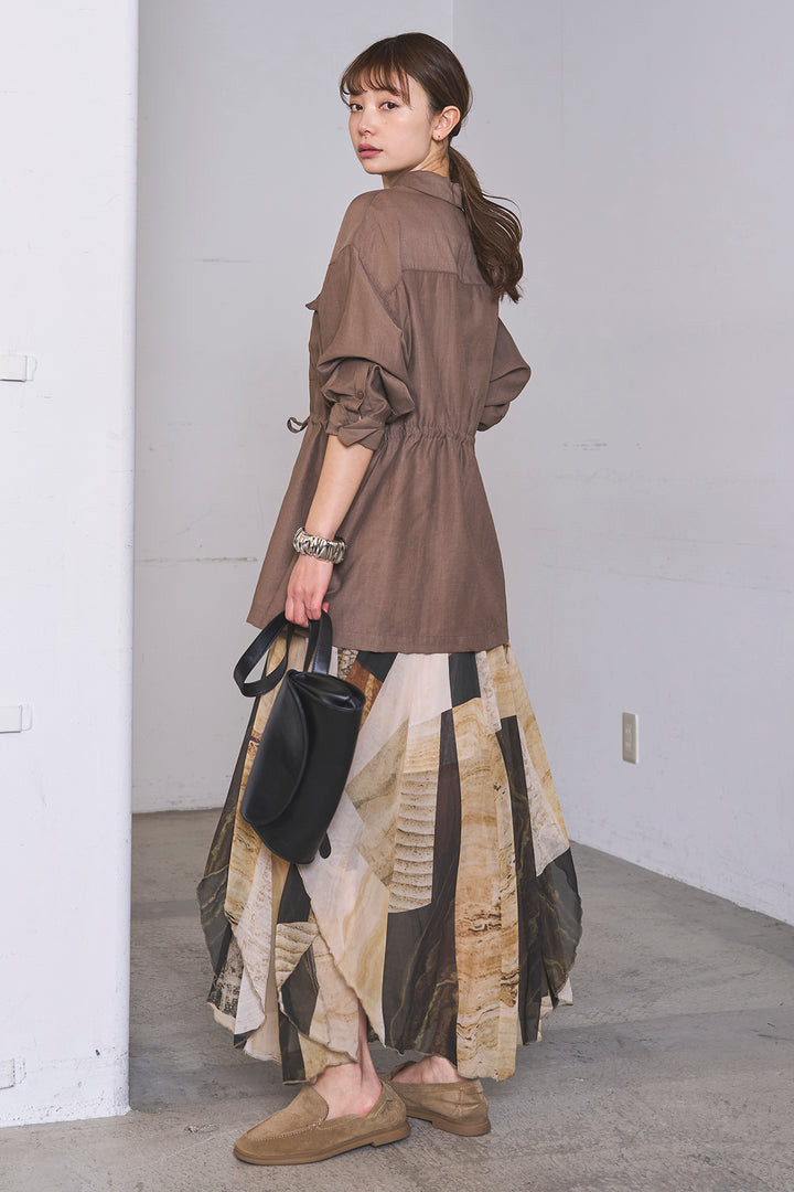 [SET]リネンブレンドシアーサファリシャツ+アートペイント柄スカート(2set)