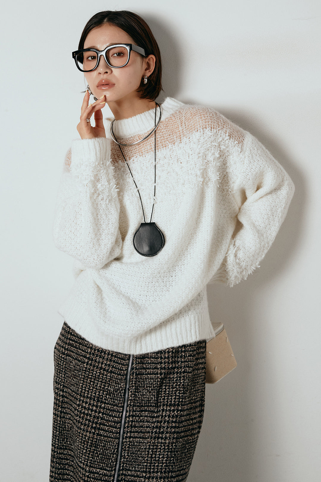 [SET]パターンランダム編みニットトップス+グレンチェック柄フロントジップタイトスカート(2set)