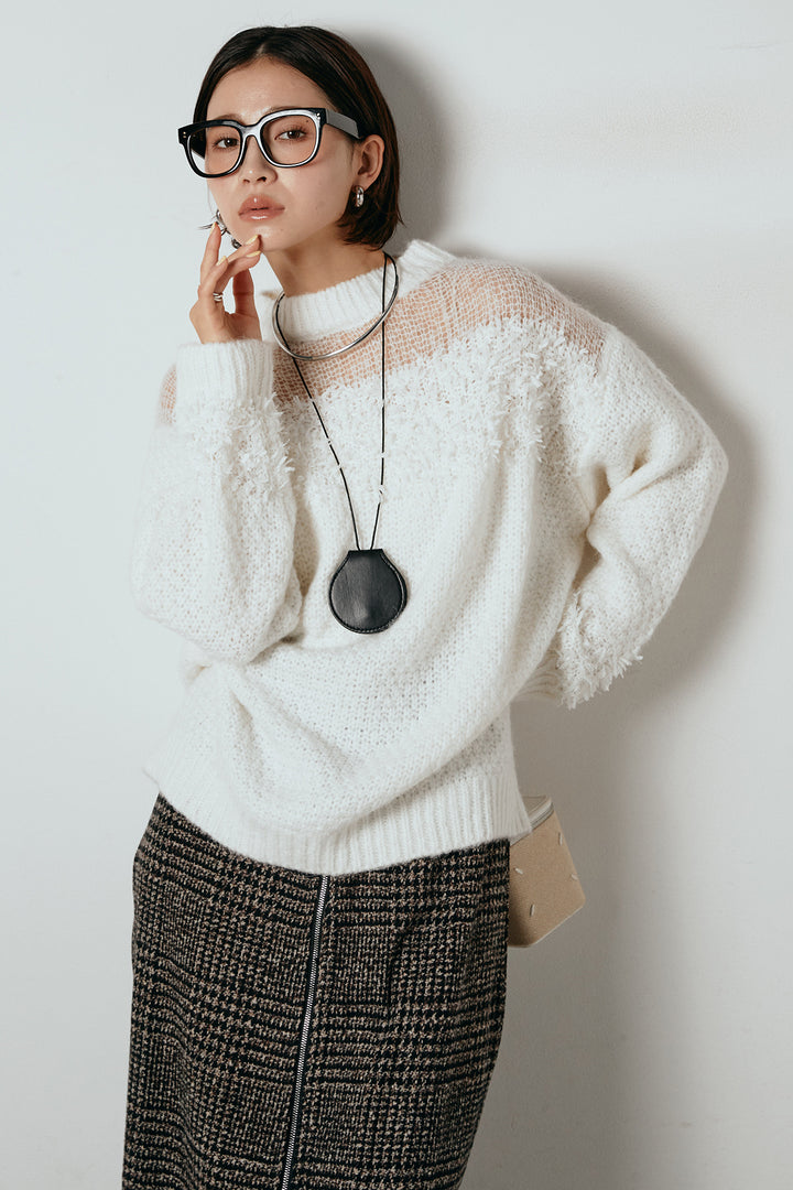 [SET]パターンランダム編みニットトップス+グレンチェック柄フロントジップタイトスカート(2set)