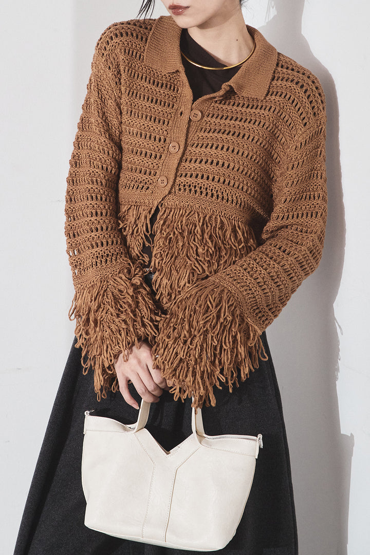 [SET]メッシュフリンジカーディガン+ウールタッチカーブワイドパンツ(2set)