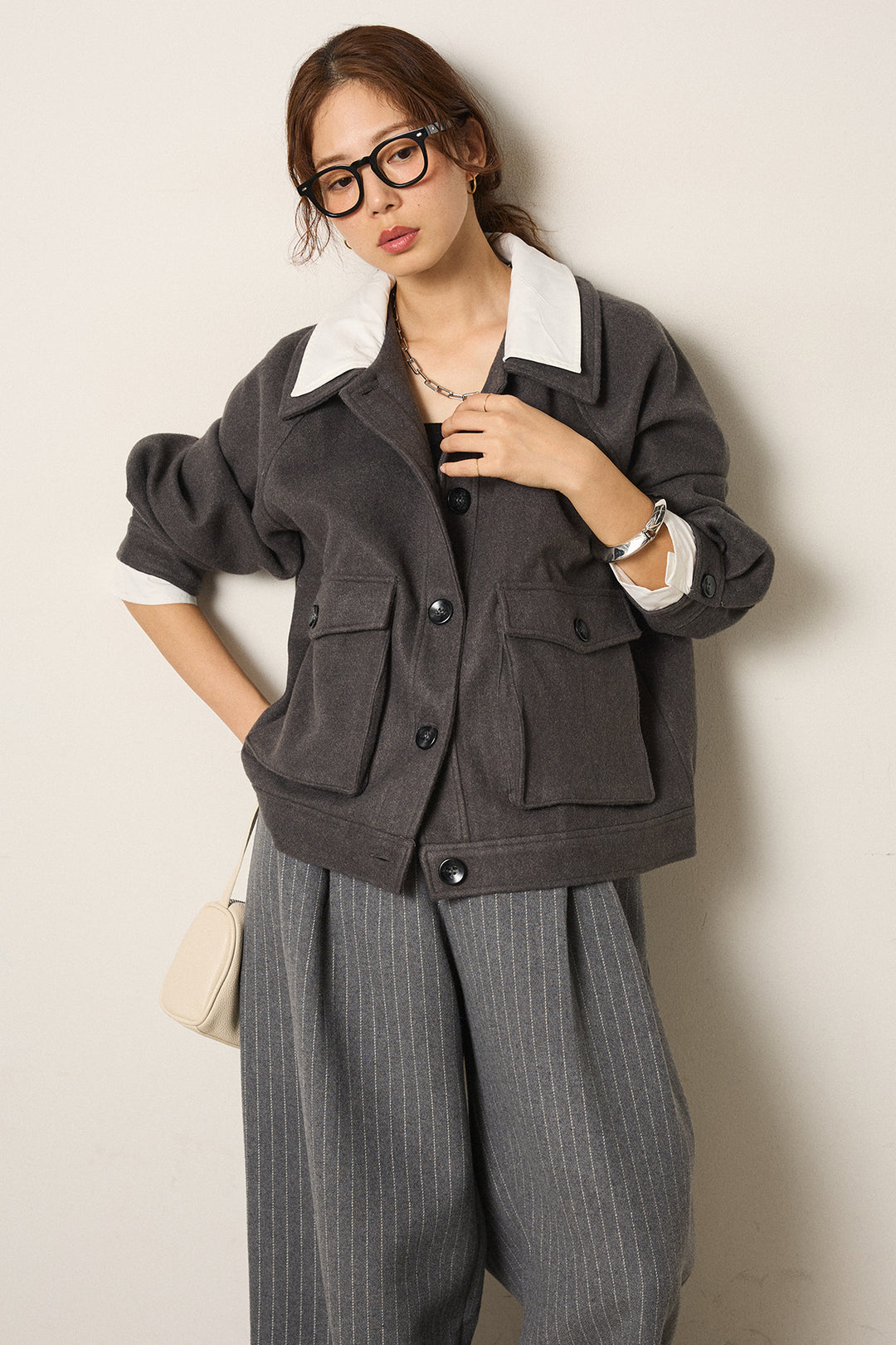 [SET]衿レイヤードフェイクウールジャケット+ウールライクストライプパンツ(2set)