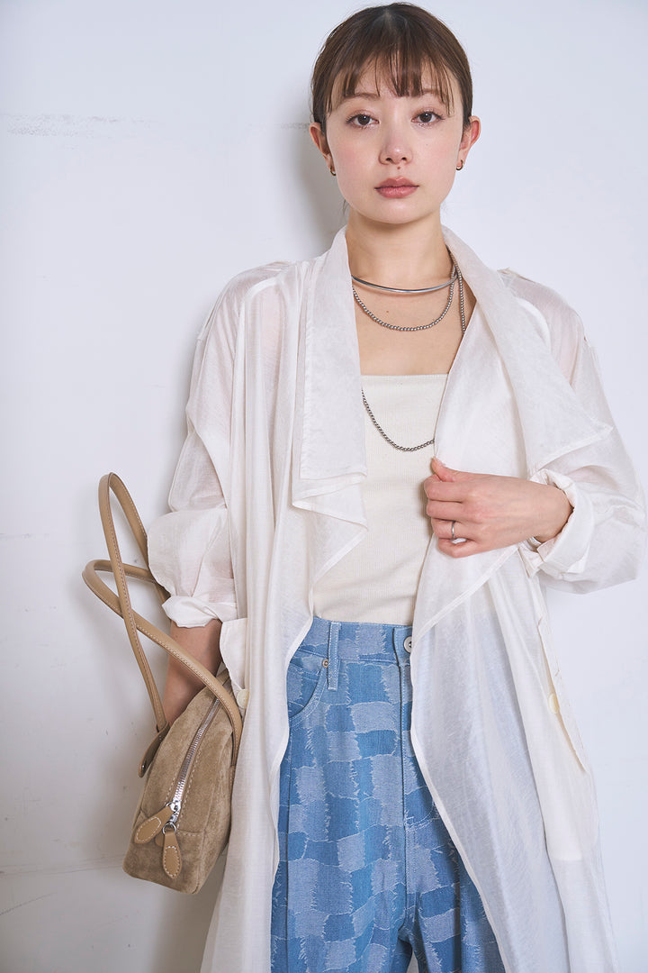 [SET]ロングシアーアウター+パッチワーク風デニムワイドパンツ(2set)