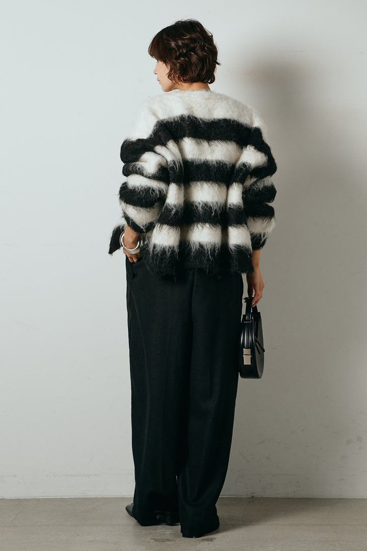 [SET]シャギーボーダー柄ニットカーディガン+ウール混フランネルワイドサロペット(2set)