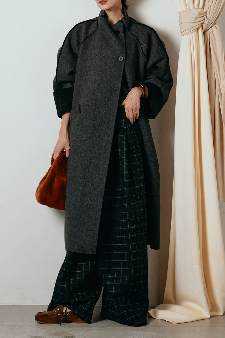 [SET]裏地ボアハイネックロングアウター+ウールライクチェックタックパンツ(2set)
