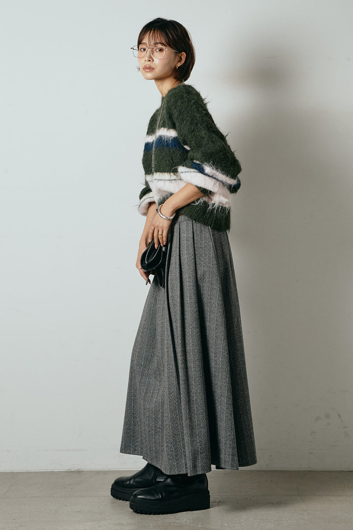 [SET]起毛配色マルチボーダーニットトップス+太ベルト付きヘリンボーンプリーツスカート(2set)