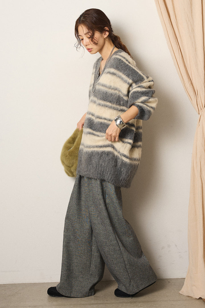 [SET]ルーズVネックボーダーニットトップス+サイドボタンツイードタックパンツ(2set)