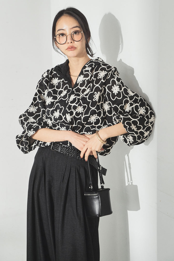 [SET]シアーフラワーフードブルゾン+編みベルト付きウエストタックワイドパンツ(2set)