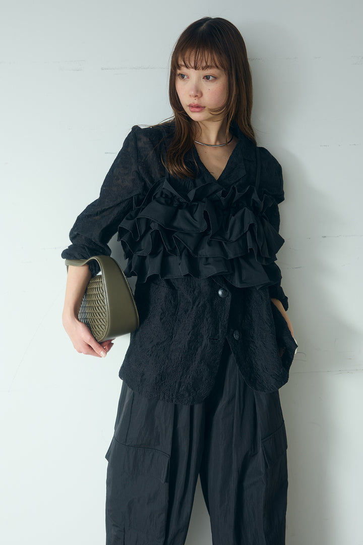 [SET]刺繍シアーテーラードジャケット+撥水フリルビスチェ+撥水ジョガーパンツ(3set)