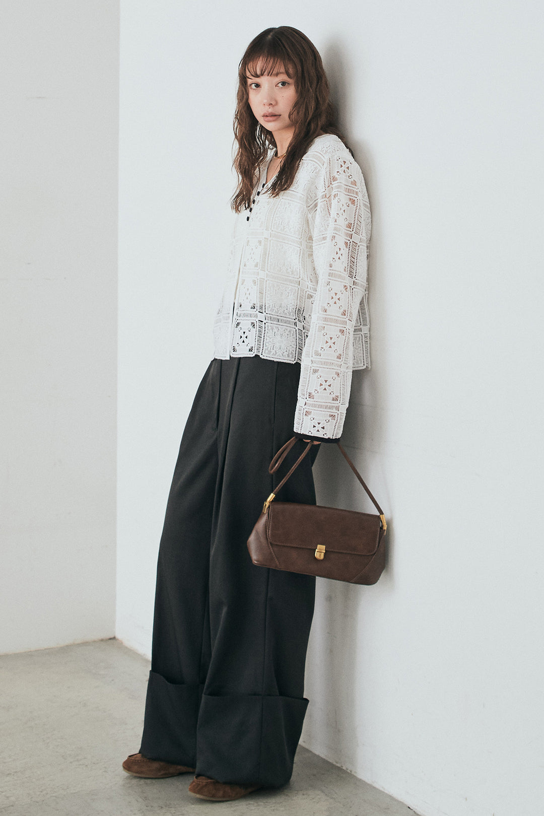 [SET]クロシェレースカーディガン+センタープレスセミワイドパンツ(2set)