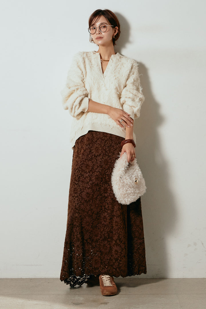 [SET]襟付きシャギーニットポロトップス+花柄刺繍ベロアフレアスカート(2set)