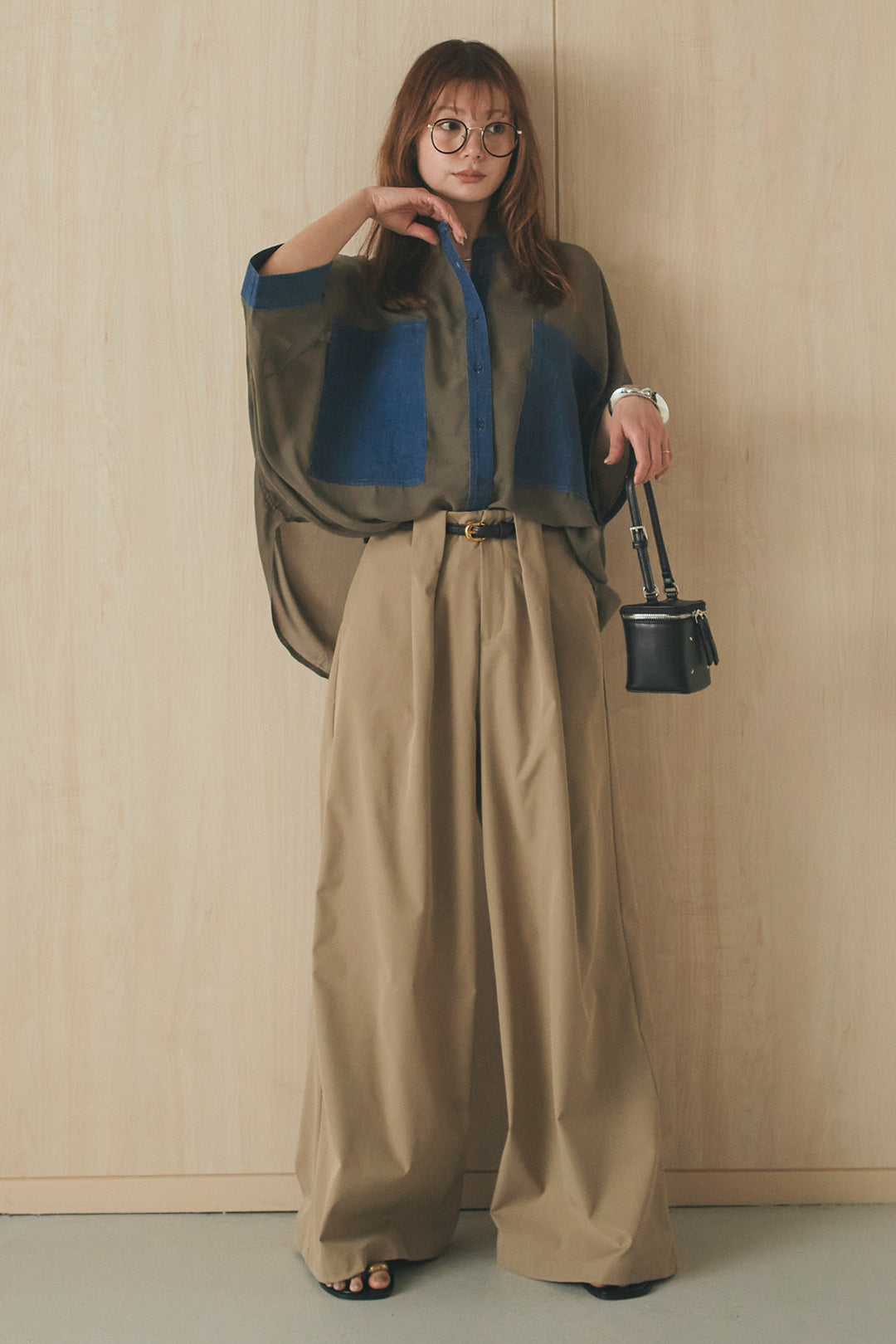 [SET]デニムライクビッグツーポケシアーシャツ+ベルトループデザインハイウエストタックパンツ(2set)