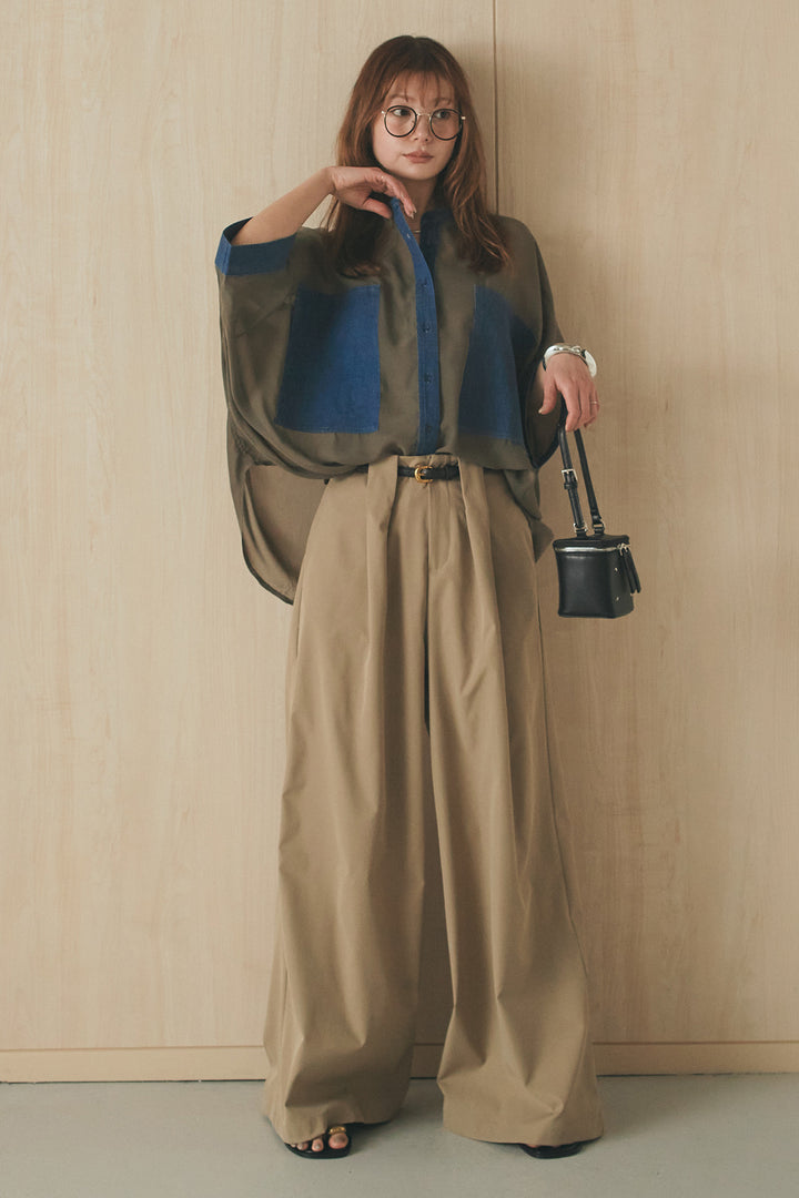 [SET]デニムライクビッグツーポケシアーシャツ+ベルトループデザインハイウエストタックパンツ(2set)