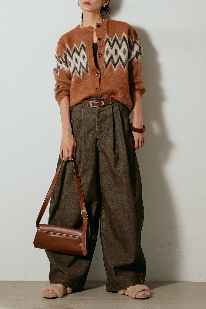 [SET]起毛ノルディック柄ニットカーディガン+フロントタック入りコーデュロイパンツ(2set)