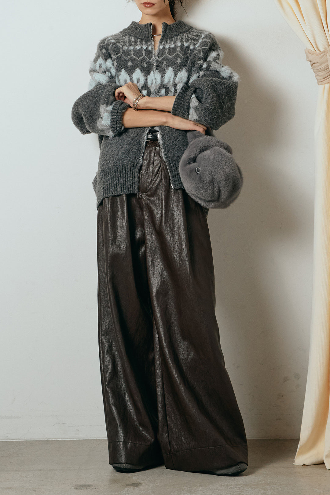 [SET]起毛ダブルジップパターンニットカーディガン+ベルト付きレザーライクタックパンツ(2set)