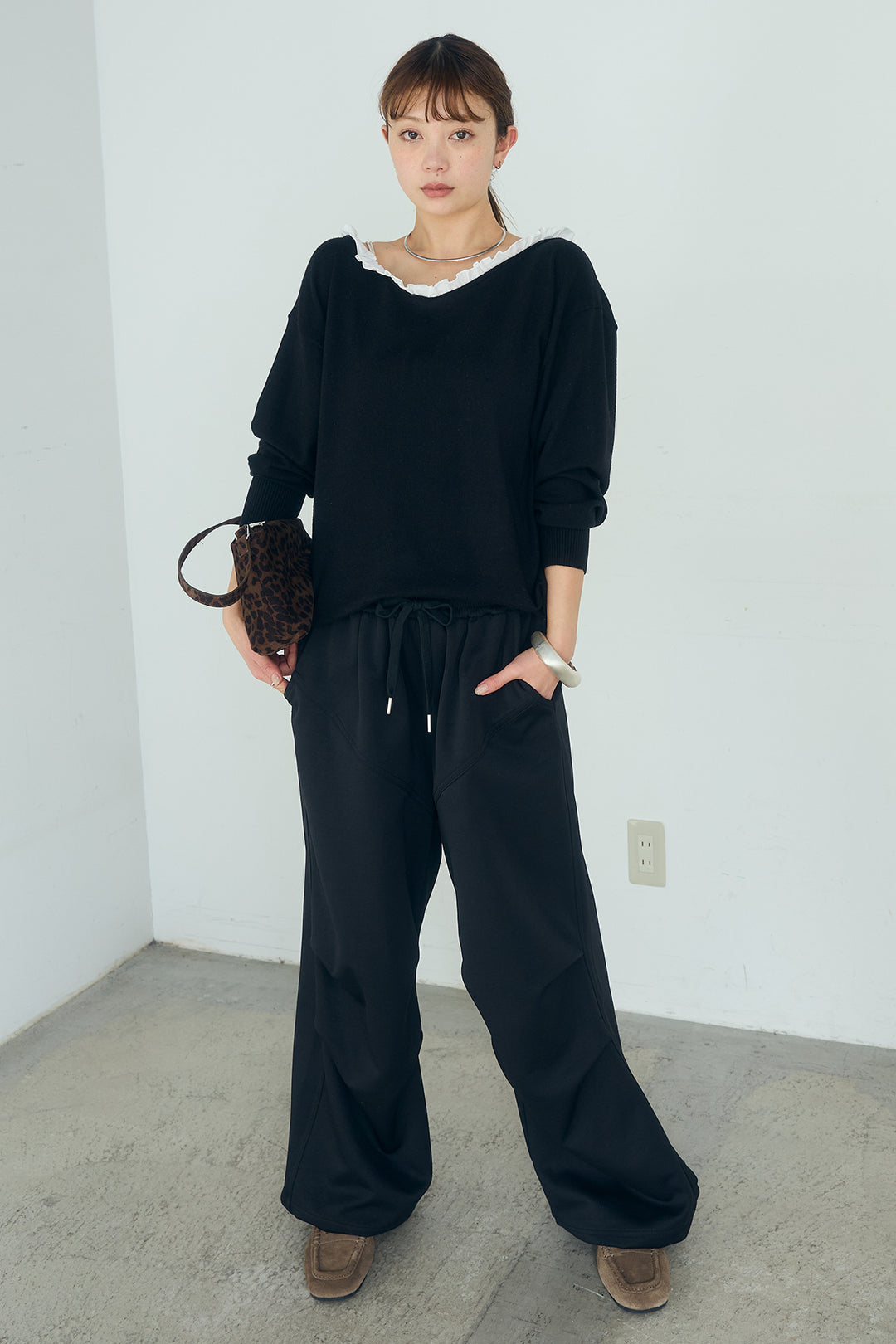 [SET]クールクール異素材コンビオフショルプルオーバー+ランダムタックデザインワイドパンツ(2set)