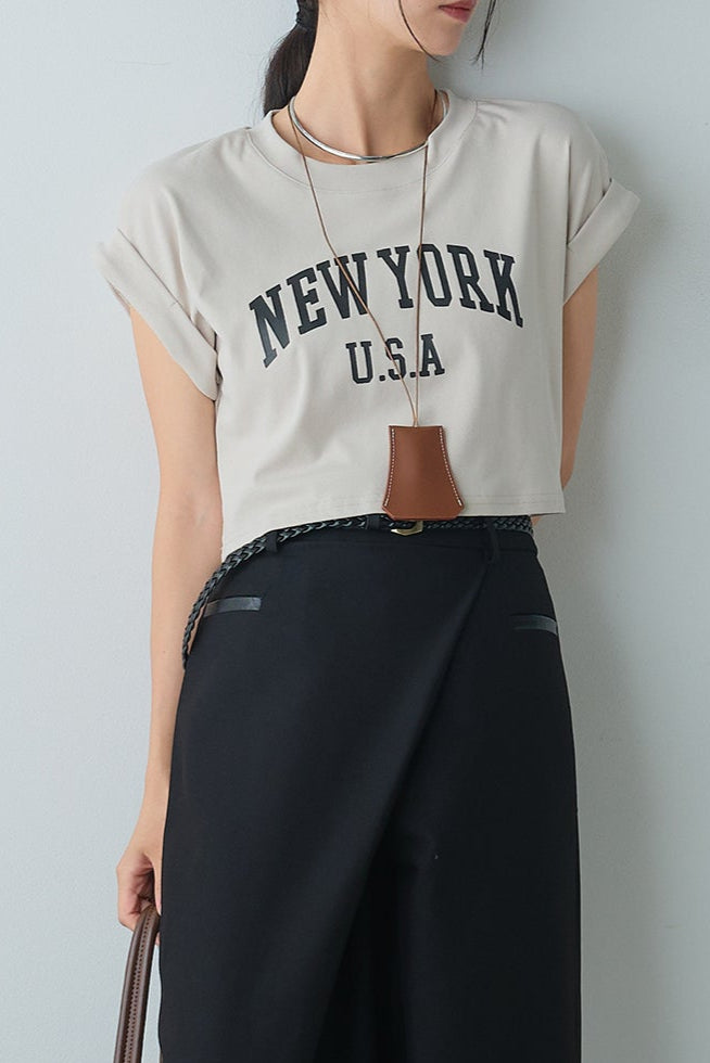 [SET]ショート丈NEWYORKロゴTシャツ+ベルト付きクロスデザインパンツ(2set)