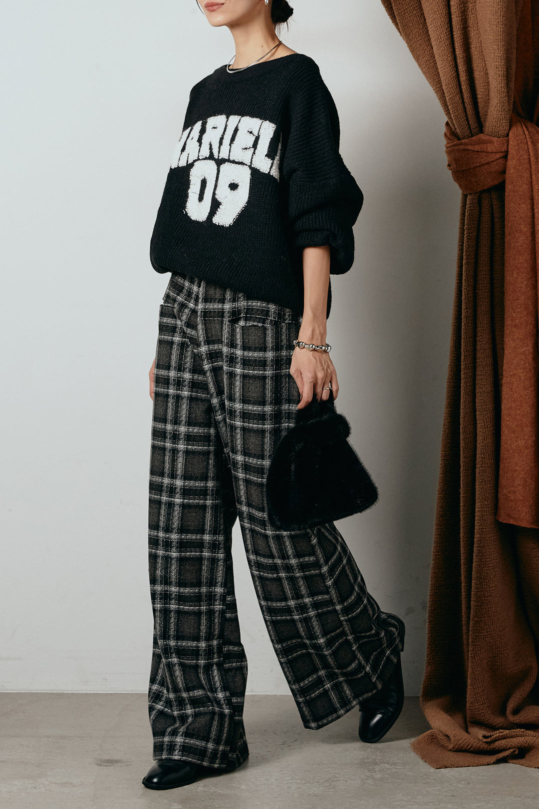 [SET]ロゴジャガードニットトップス+ルーズタータンチェックワイドパンツ(2set)