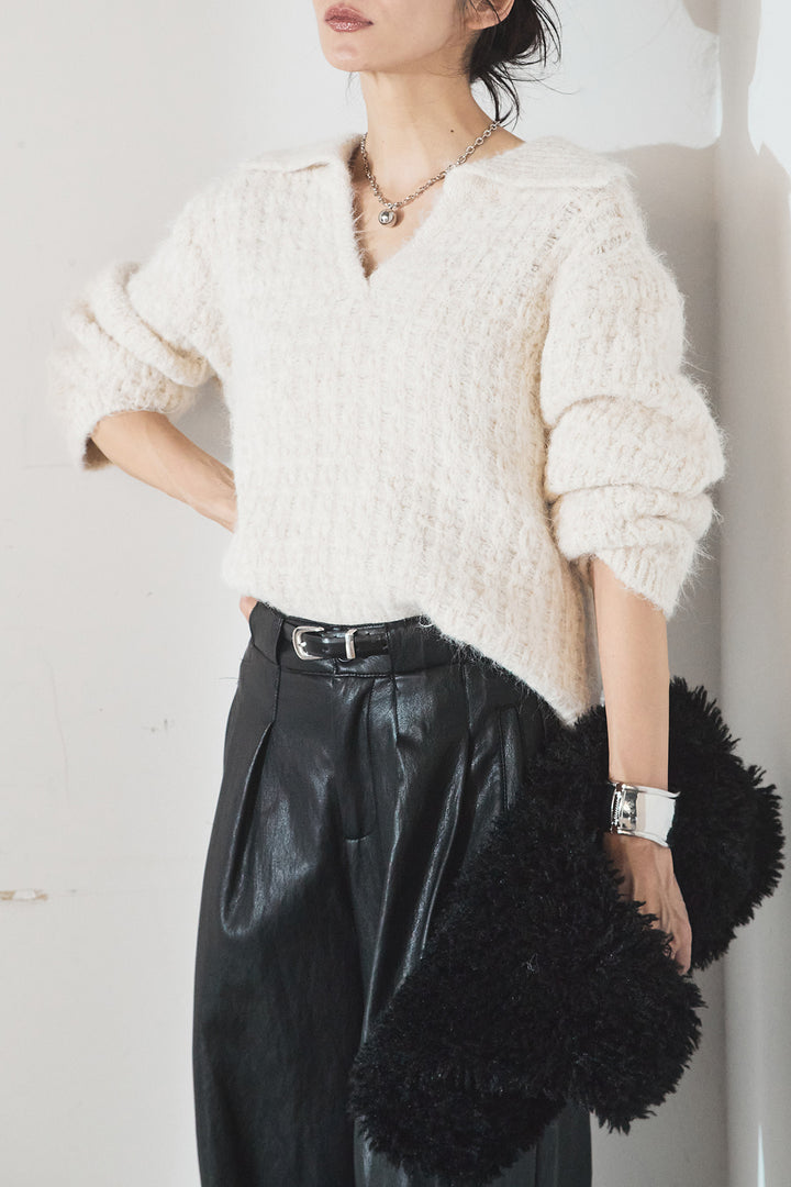 [SET]襟付きVネックニットトップス+ベルト付きレザーライクタックパンツ(2set)